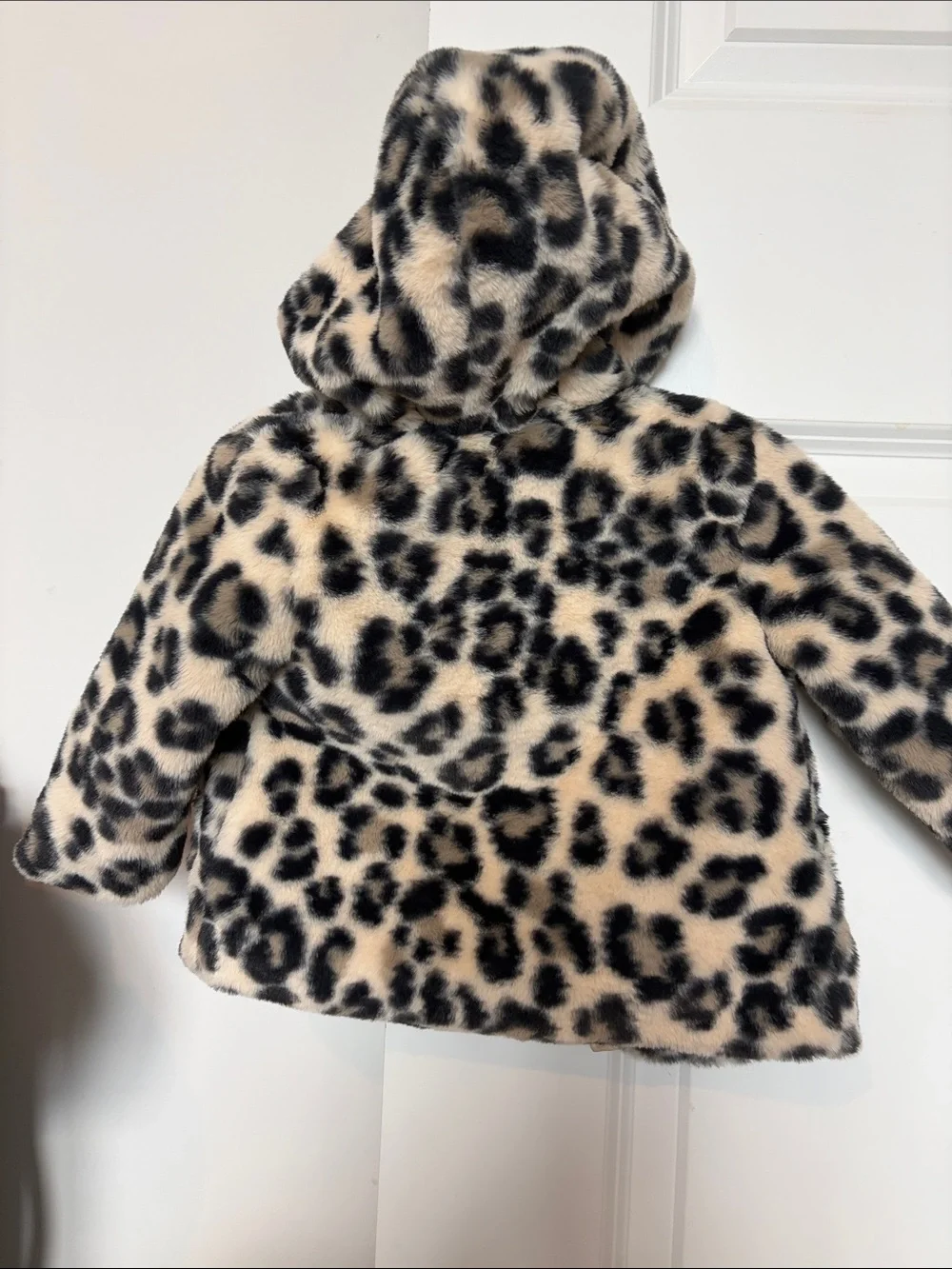 Girls' Faux Fur Leopard Hooded Jacket - Beige/Black